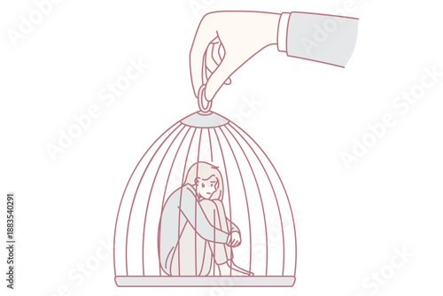 Captivity slavery and freedom concept. Young sad depressed woman sitting in cage which is held by huge human hand manipulating it vector illustration