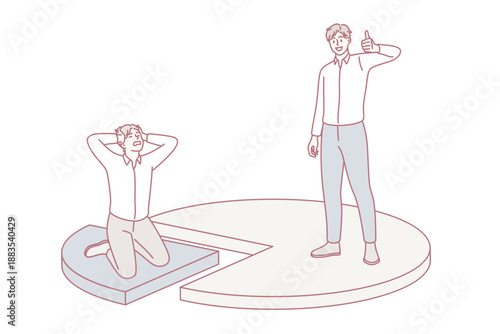 Business competition and marker share concept. One stressed sad businessman on small market share sitting touching head and another having big one showing thumbs up sign developing vector illustration
