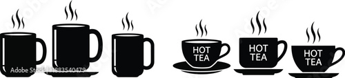 a collection of steaming hot tea cups in a simple black and white vector illustration