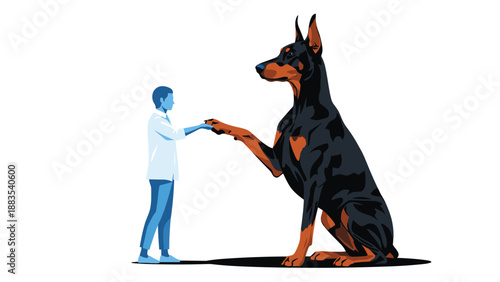 Large black and tan Doberman Pinscher sits elegantly and offers its paw to a blue silhouette figure of a person in a friendly greeting.