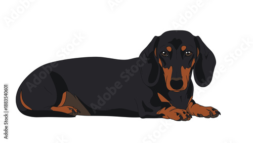Sleek black and tan dachshund dog lying comfortably on its stomach in a relaxed pose against a clean and simple white background.