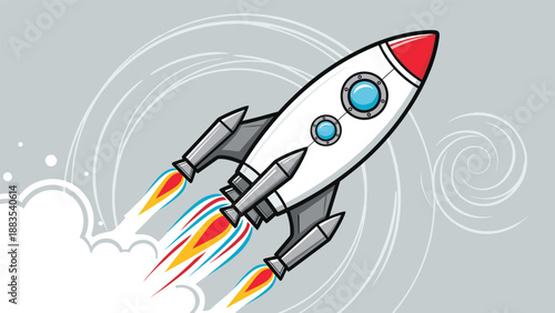 Colorful rocket ship blasting off into space with bright flames and exhaust clouds against a gray background in a fun cartoon style.