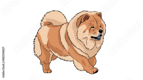 Fluffy orange Chow Chow dog walking proudly with its thick mane and curly tail shown in a detailed color illustration on white background.