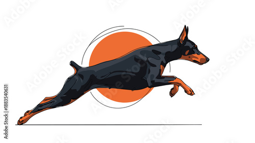 Athletic Doberman Pinscher dog jumping through the air in a powerful leap against a bright orange circular background graphic.