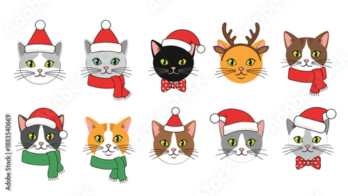 Set of various cat breed heads wearing festive Christmas accessories like Santa hats red scarves reindeer antlers and bow ties.