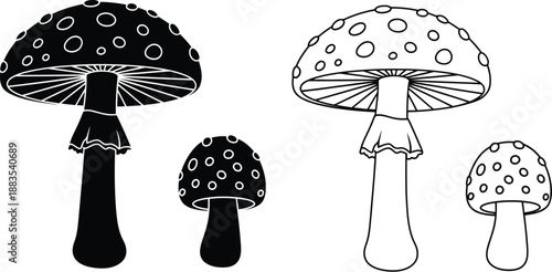 a black and white illustration showcasing three distinct mushroom designs in a line