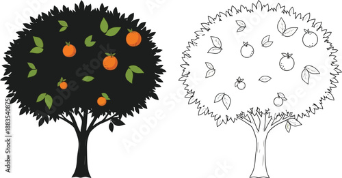 two stylized trees with oranges one in color and one in black and white outline