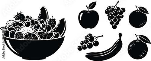 a black and white illustration of a fruit bowl and several individual fruits