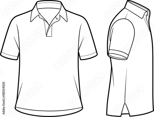 Men polo t shirt front and side view technical cad drawing apparel fashion template clean outline, cad drawing flat vector illustration