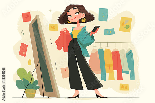 Stylish Woman Choosing Her Daily Outfit By The Mirror