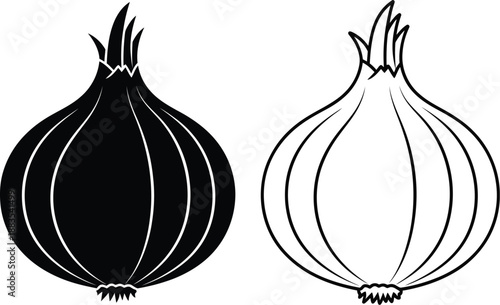 a black and white illustration depicting two onions one solid and one outlined