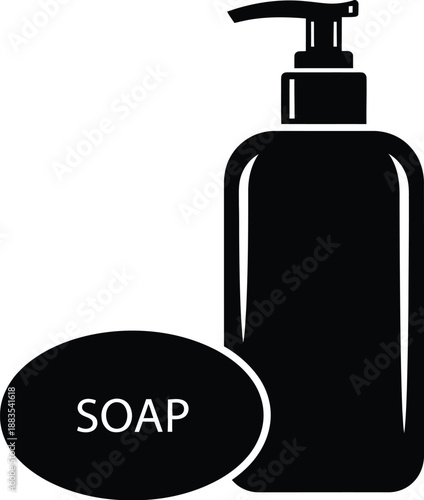 a black and white illustration of a soap dispenser bottle with the word soap