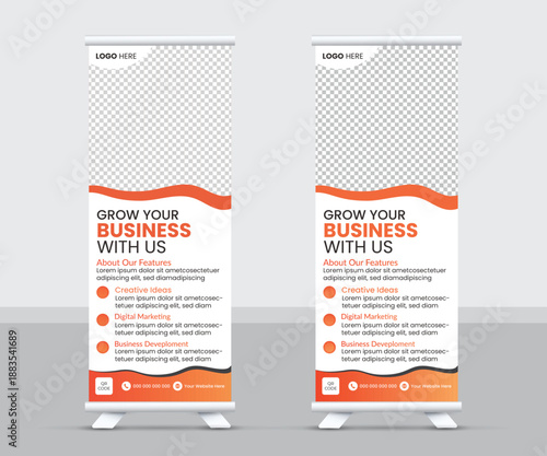 Two identical roll up banners with business growth and partnership information on a gray background