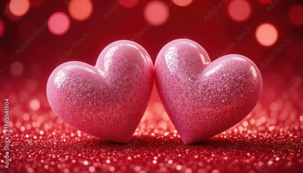 Obraz premium Two sparkling pink hearts on a red glitter background