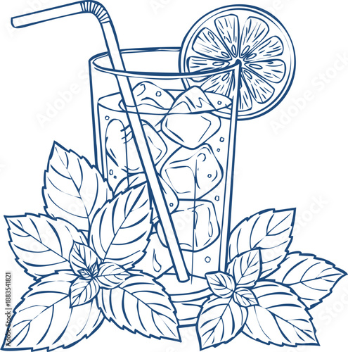 Outline sketch mojito cocktail tall glass ice cubes mint leaves lemon garnish straw drawing
