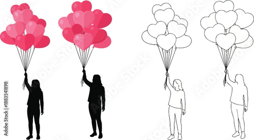 two people holding balloon bouquets with outlines illustrations and silhouette figures