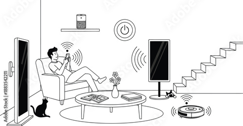 Man relaxing on a sofa at home while controlling various smart home devices including a television and a robotic vacuum cleaner using his smartphone