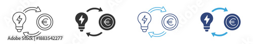 Energy Cost Exchange Icon Set. Electricity Price Symbols. Light Bulb and Euro Coin, Savings Conversion, Vector Illustration.