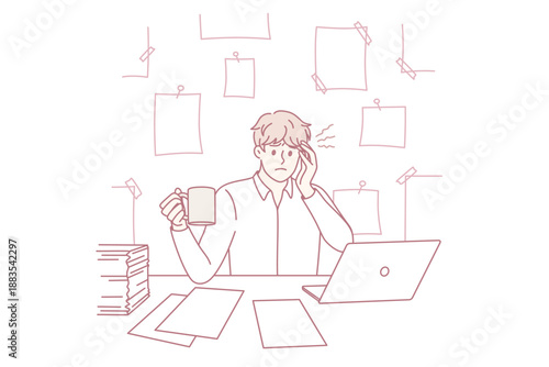 Office job and headache concept. Young man office worker sitting at laptop with papers and coffee having head ache touching temple feeling pain vector illustration