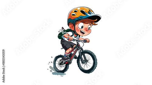 Adventurous Cartoon Boy Mountain Biking Vector Illustration with White Outline