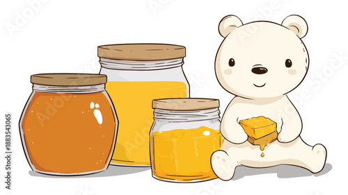 Adorable Cartoon Bear with Honey - Vector Illustration with Outline, Isolated on White Background