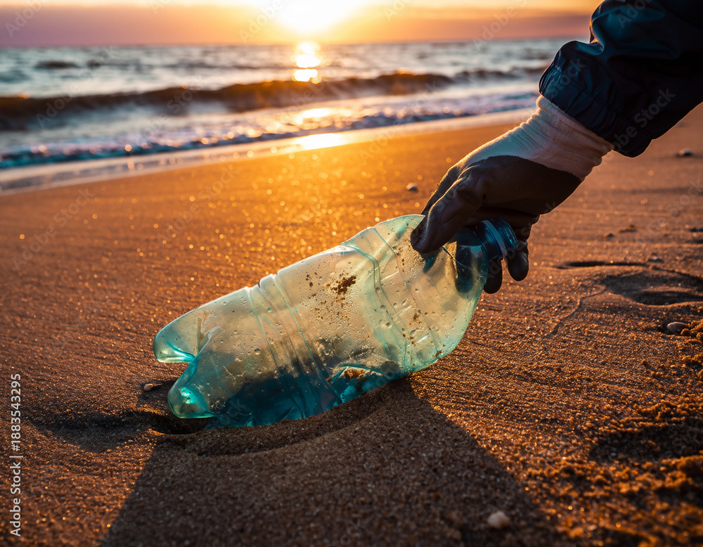 Obraz premium Collection of a plastic bottle from a sandy shoreline during a golden sunset clean-up effort.