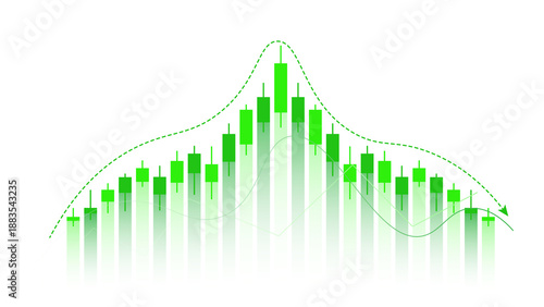 Rising and falling green candlestick trading graph showing market volatility with trend lines on transparent background suitable for financial analysis and stock exchange investment concepts