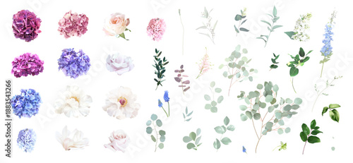Pastel pink roses, purple, violet, blue hydrangea, peony, greenery and branches floral vector big set. Bold colored watercolor. Blooming garden. Spring florals. Elements are isolated and editable