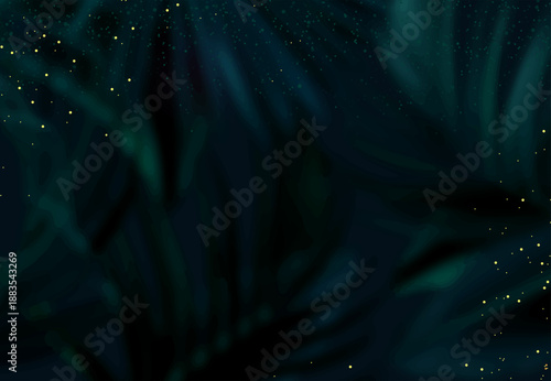 Dark greenery exotic foliage vector background. Black blue tropical trees wedding invitation. Leaves card texture. Golden line crystal art. Island style save the date. Elegant outdoor party template