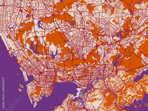 Foto Street network map of Greater Shenzen, China, featuring warm ivory base with dee
