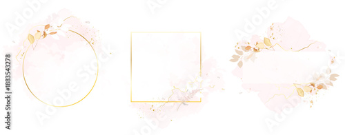 Autumn leaves and gold vector frames. Hand painted branches, leaves on white backgrounds. Greenery wedding simple minimalist invitations. Watercolor cards. All elements are isolated and editable