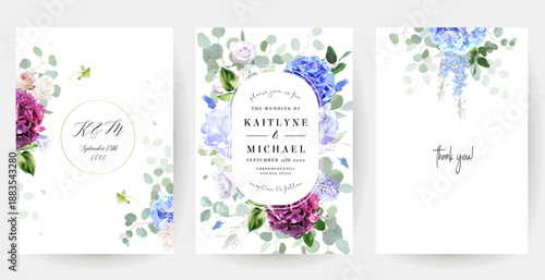 Bridgerton inspired pastel floral vector design frames. Blue delphinium, white peony, pink rose, ranunculus, hyacinth, hydrangea, greenery and plants. All flowers and branches are isolated and movable