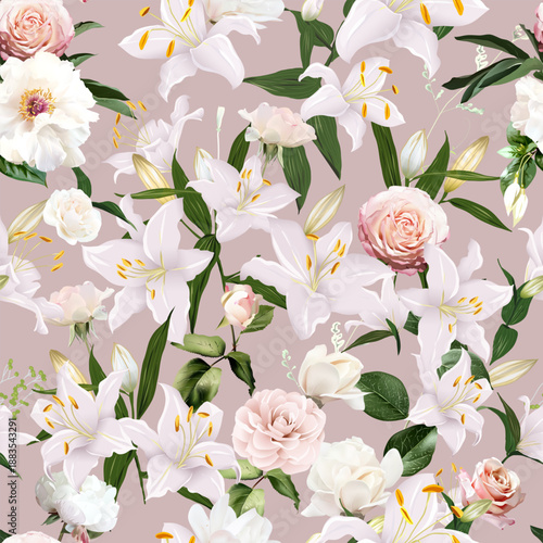 Pink ranunculus, white peony, blush pink rose, magnolia, white lily, camellia, floral buds and greenery vector seamless pattern. Floral summer watercolor print. Elements are isolated and editable