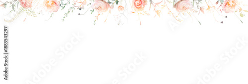 Herbs, branches and rose flowers vector frame. Hand painted branches, leaves on white background. Greenery wedding simple minimalist invitation.Watercolor style card.Elements are isolated and editable