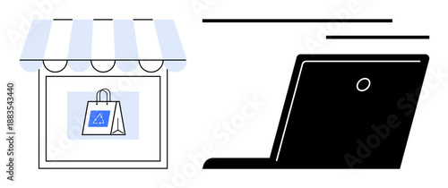 E-commerce, online retail, digital shopping, small business, internet marketplace, transaction. Storefront with shopping bag icon and laptop. E-commerce and online retail