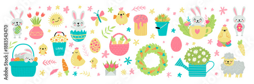 Cute Easter set featuring cartoon bunnies, chicks, decorated eggs, and baskets. Charming animal characters with spring flowers create delightful holiday vector illustrations.