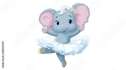 Cute Funny Elephant Ballerina Dancing on White Background Vector Illustration