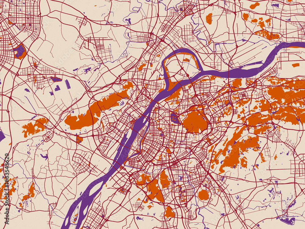 Obraz premium Urban map poster of Nanjing, China with warm ivory base with deep wine street grid, clay-orange areas and dusky purple waterways