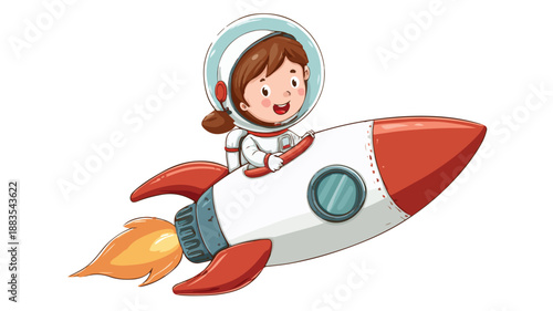 Cute Astronaut Girl on Rocket in Cartoon Style