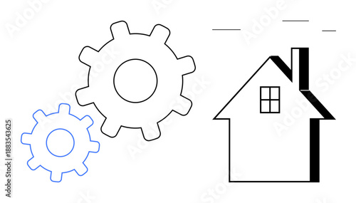 Home automation, mechanical systems, smart technology, engineering, process integration, innovation. Two gears placed near a house silhouette. Home automation and mechanical systems concept