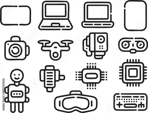 Black and white of technology and gadgets including laptops, drones, robots, and microchips