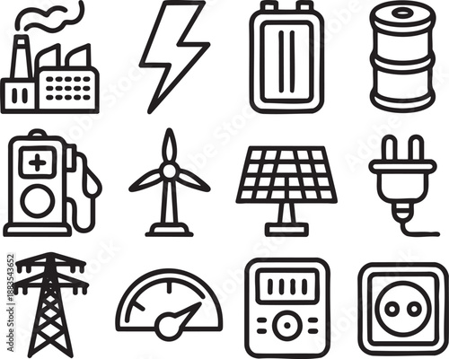 Black and white of various energy sources and electrical components electricity power
