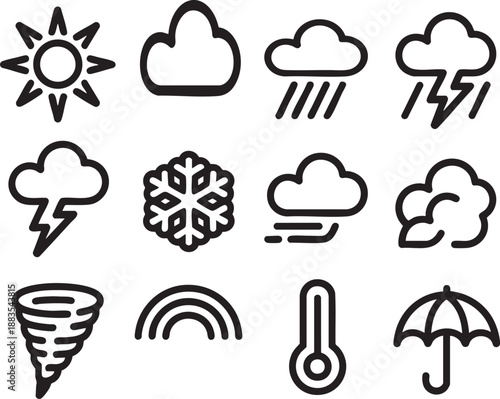 Black and white weather including sun, clouds, rain, lightning, snow, tornado, rainbow, thermometer, and umbrella