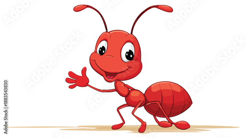 Friendly Cute Ant Cartoon Waving Vector with Outline on White Background