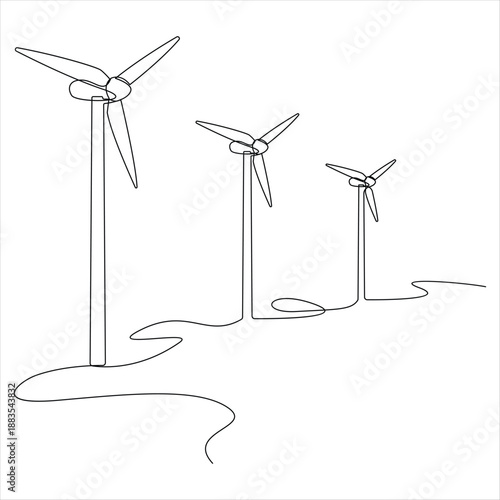 Continuous line wind turbines eco energy concept simple minimal outline style illustration