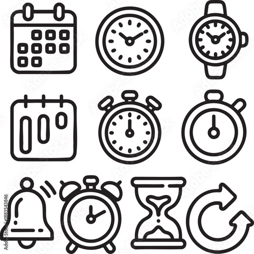 Collection of black and white depicting various time-related and symbols clock calendar