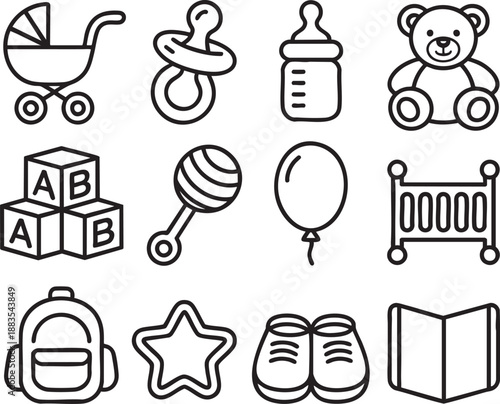 Collection of black and white including baby school supplies, and toys