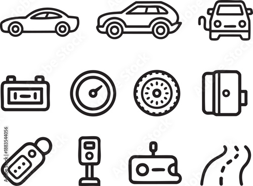 Black and white line of cars, car parts, and automotive tools sedan