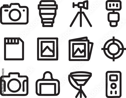 Black and white line of various equipment and accessories camera lens