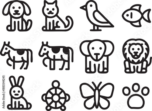 Black and white line of various animals and insects including dog cat bird fish horse cow elephant lion rabbit snail butterfly and spider